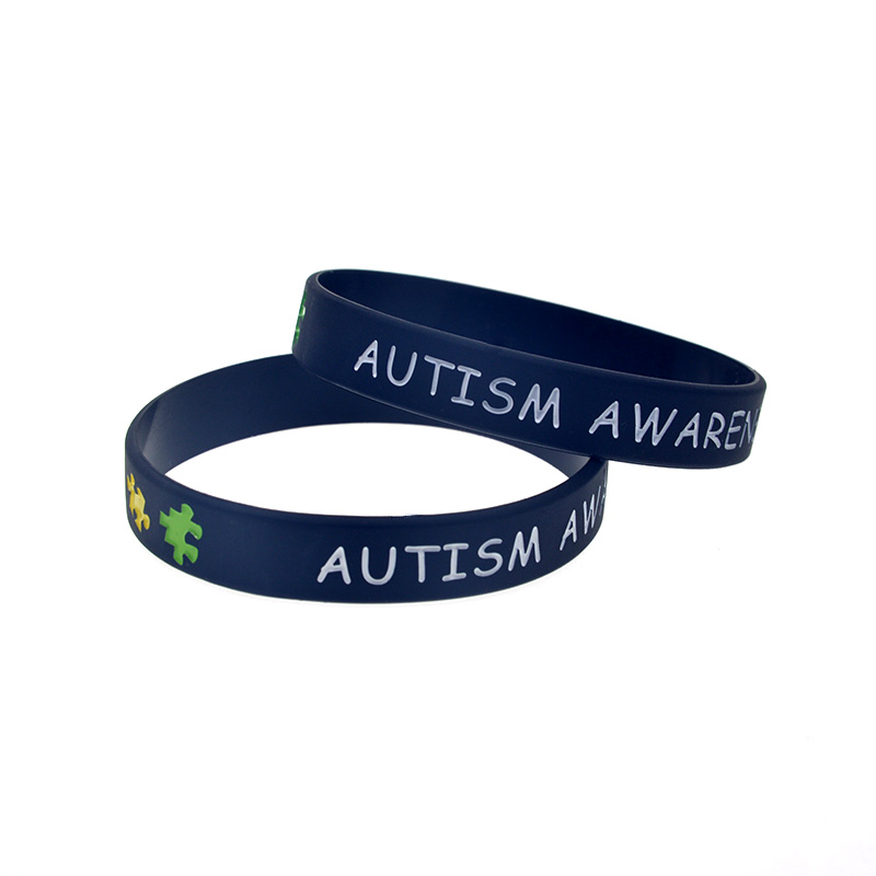 100PCS Autism Awareness Silicone Rubber Bracelet Puzzle Logo Debossed and Filled in Color for Promotion Gift