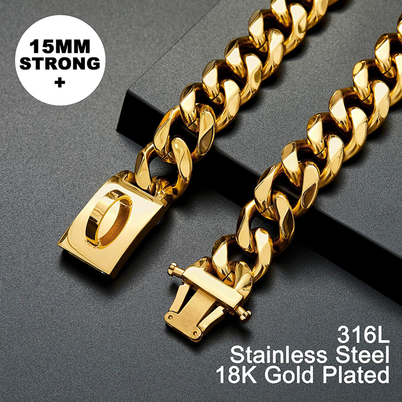 free shipping Lifetime Gold Dog Cuba Collars Walking Metal Chain Collar with Design Secure Buckle Cuban Link Strong Heavy Duty Chew Proof for Medium D