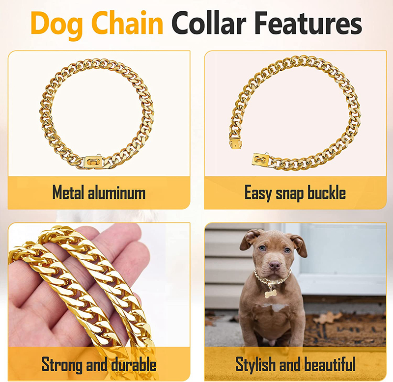 Gold Chain Collars 13mm/15mm/19mm 18K Golds Cuban Link Dog Chains Heavy Duty Pet Collar with Metal Buckle for Small Medium-Large Dogs 16in B152