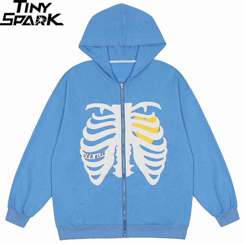 Men's Jackets Men Hip Hop Streetwear Hooded Jacket Sternum Skeleton Jacket Coat Harajuku Cotton Loose Jacket Spring Outwear Zipper Black 220919
