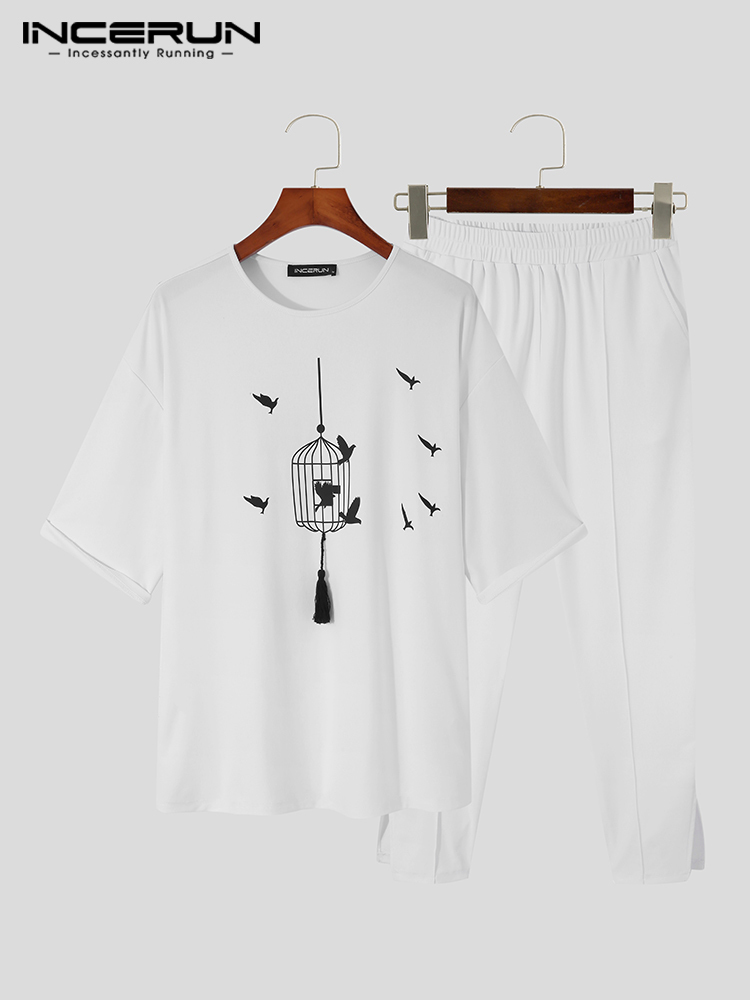 Men's Tracksuits INCERUN Men Printing Sets Muslim Fashion O-neck Hafl Sleeve T Shirt Pants 2PCS Streetwear Loose Men Casual Suits S-5XL 220919