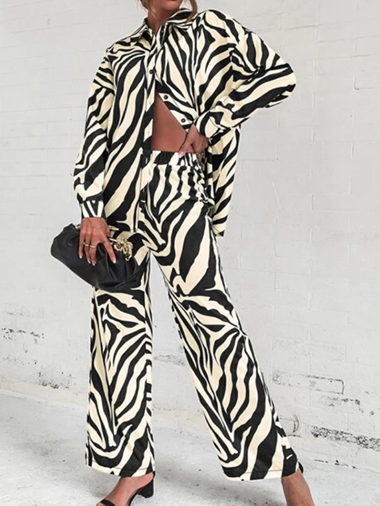 Women's Two Piece Pants Women Stripe Loose Shirt Pants Two Piece Set Elegant Long Sleeve Blouses Matching Wide Trousers Suit Summer Trouser Suits