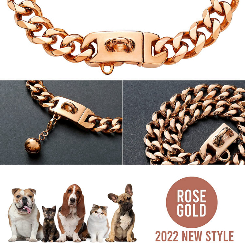 Rose Gold Chain Collars Dog Cuban Link Chains Collar 13MM Strong Stainless Steel Links Pet Necklace Metal Walking Necklet for Small Medium Large Dogs 