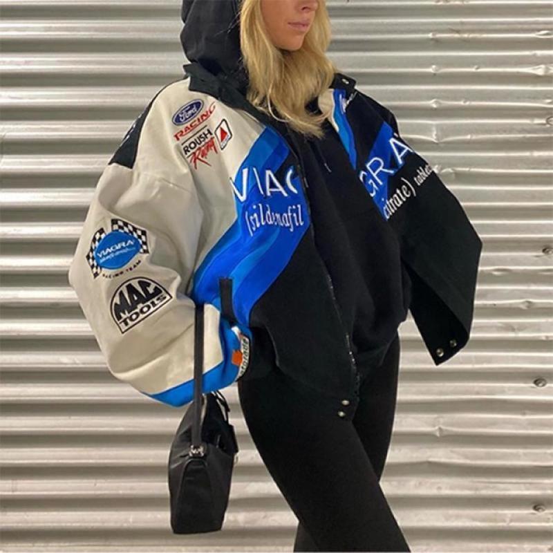 Womens Jackets Women Bomber Jackets Indy Race Jacket Sticker Print Unisex Baseball Uniform Women Streetwears Retro Coat Y2K Oversized Hip Hop 220919