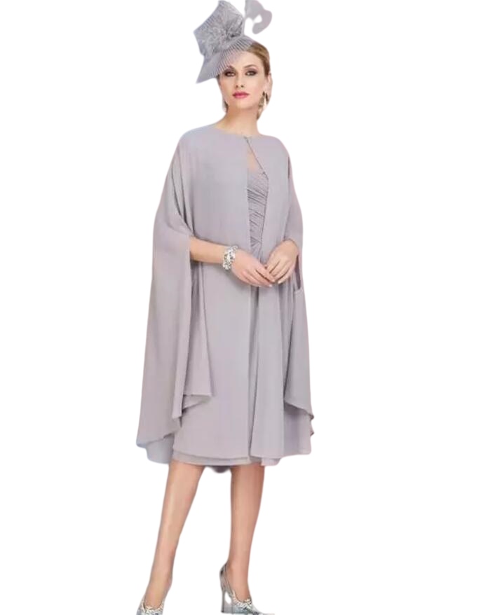 Grey Knee Length Chiffon Mother Of The Bride Dresses With Cape Lace Appliqued Formal Mother Arabic Evening Gowns Prom Dress