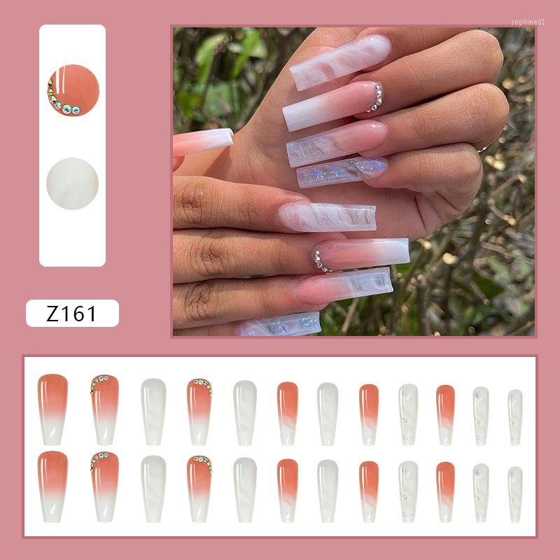 False Nails Nude Press On Rhinestone XL Length Coffin Fake Nail Tips Pre Designed Z160