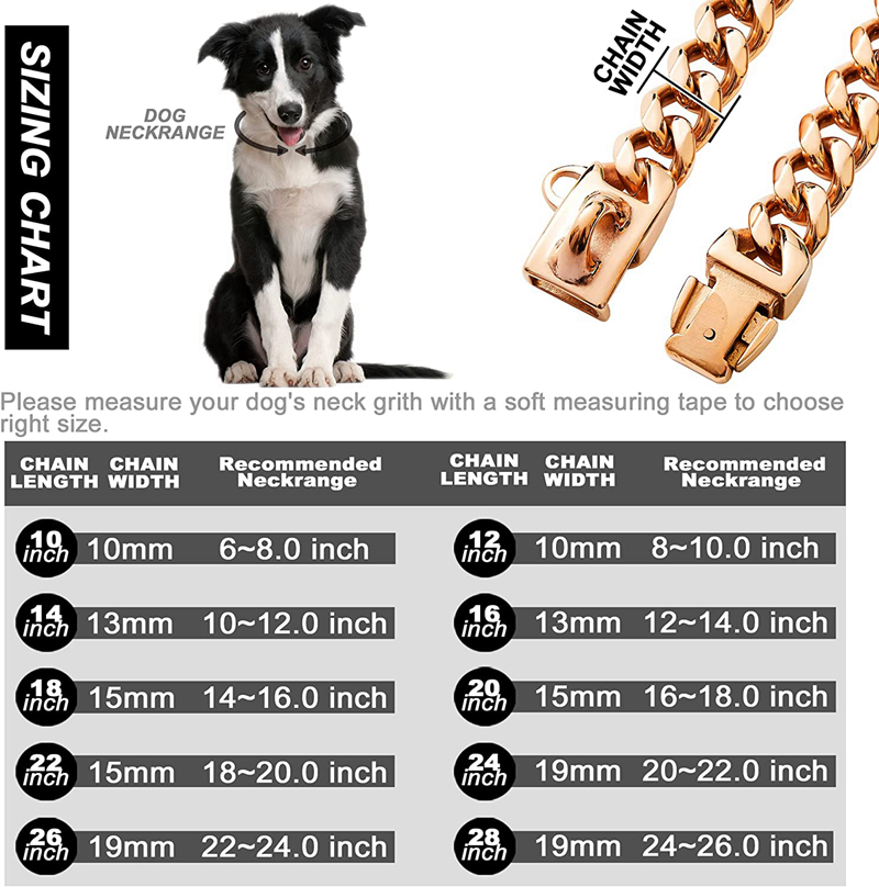 Rose Gold Chain Collars Dog Cuban Link Chains Collar 13MM Strong Stainless Steel Links Pet Necklace Metal Walking Necklet for Small Medium Large Dogs 