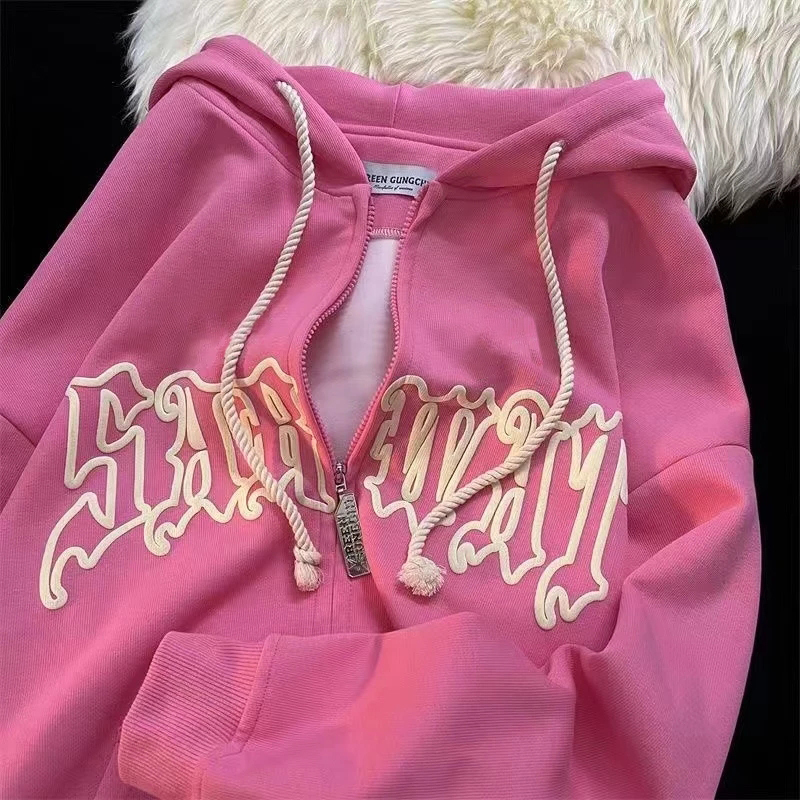 Women's Hoodies Sweatshirts Women Vintage Zip Up Hoodies Harajuku Casual Letter Print Long Sleeve Loose Hooded Sweatshirts Goth Streetwear Jacket
