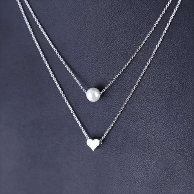 Simple Fashion Love Heart Pearl Necklace Multi Layer Gold Silver Women'S Chokers Chain Lady Wedding Jewelry Wholesale Price
