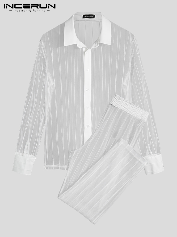 Men's Tracksuits Fashion Sets Mesh Patchwork Transparent Sexy Lapel Long Sleeve Shirt Pants Streetwear Suits Two Pieces INCERUN 220919