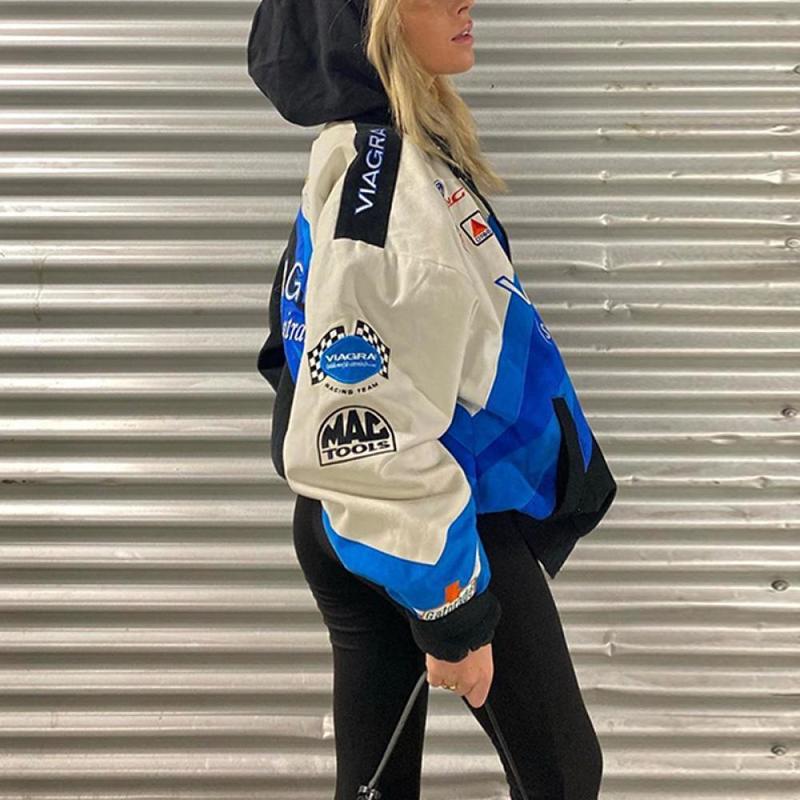 Womens Jackets Women Bomber Jackets Indy Race Jacket Sticker Print Unisex Baseball Uniform Women Streetwears Retro Coat Y2K Oversized Hip Hop 220919