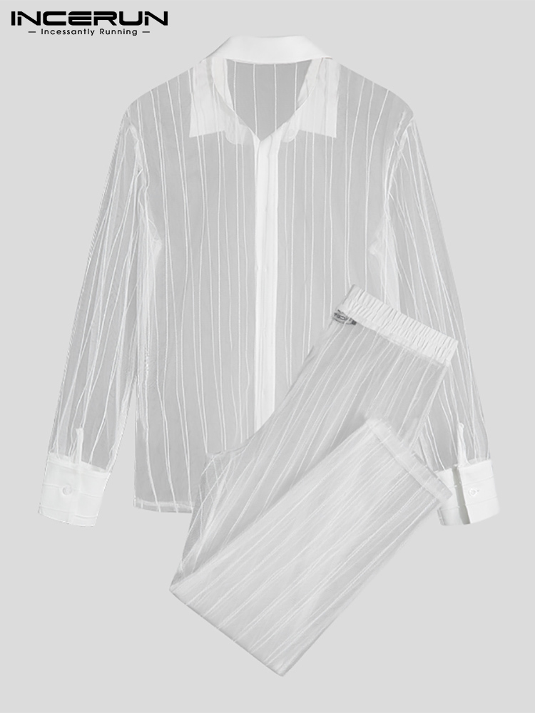 Men's Tracksuits Fashion Sets Mesh Patchwork Transparent Sexy Lapel Long Sleeve Shirt Pants Streetwear Suits Two Pieces INCERUN 220919