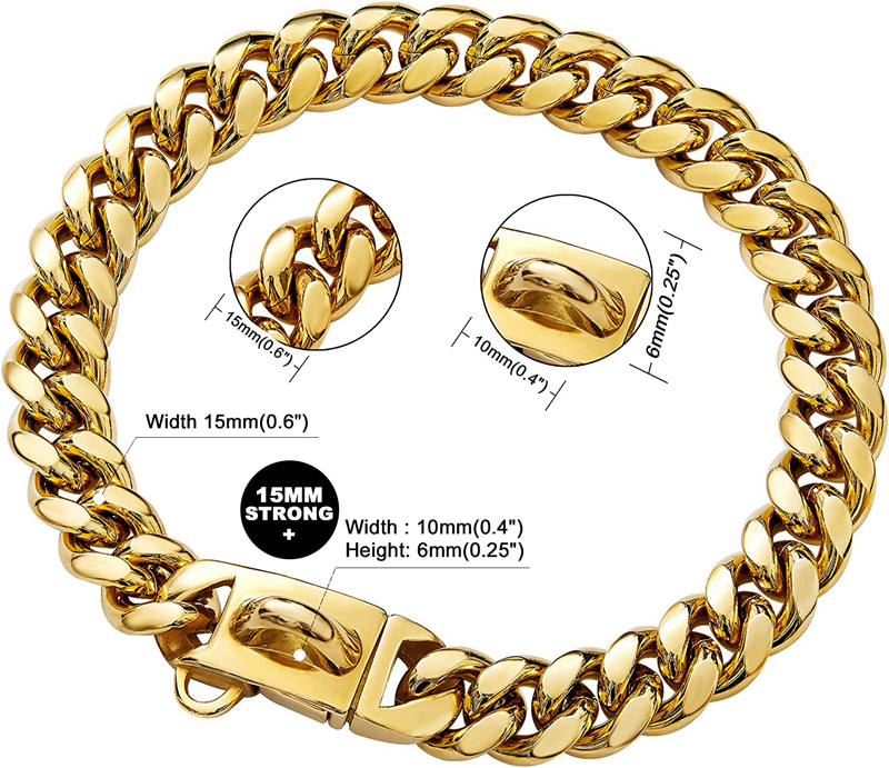 Gold Chain Collars 13mm/15mm/19mm 18K Golds Cuban Link Dog Chains Heavy Duty Pet Collar with Metal Buckle for Small Medium-Large Dogs 16in B152