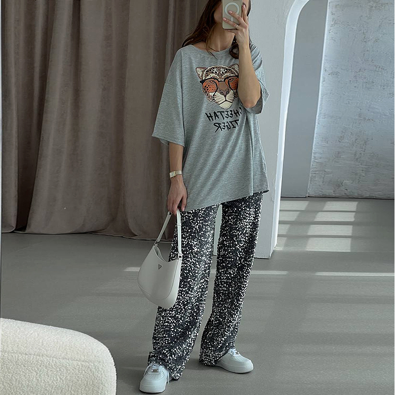 Women's Pants Capris High quality Women's Fashion Trendy Sparkling Gold Pants Relaxation of Tall Waist Wide-legged Pants Women's South 