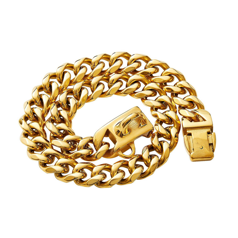Rose Gold Chain Collars Dog Cuban Link Chains Collar 13MM Strong Stainless Steel Links Pet Necklace Metal Walking Necklet for Small Medium Large Dogs 