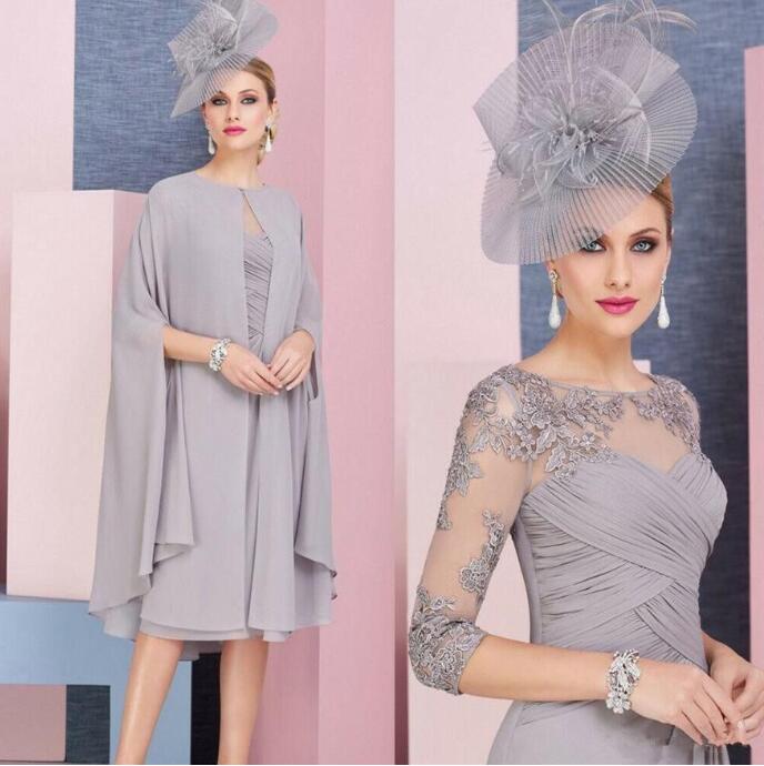 Grey Knee Length Chiffon Mother Of The Bride Dresses With Cape Lace Appliqued Formal Mother Arabic Evening Gowns Prom Dress