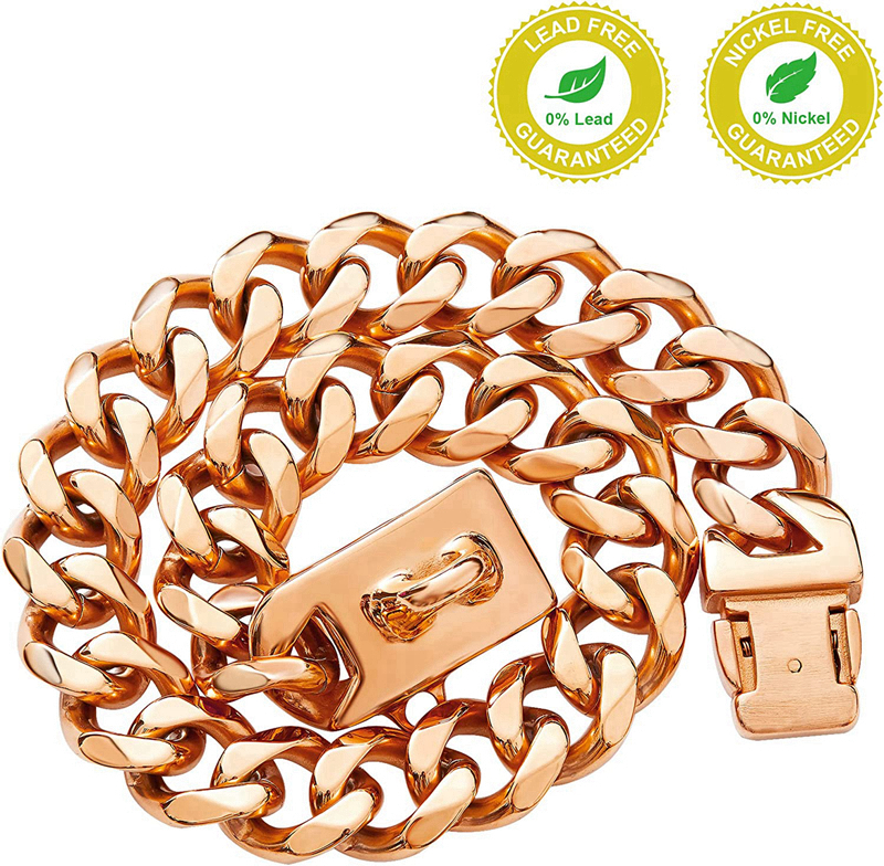 Rose Gold Chain Collars Dog Cuban Link Chains Collar 13MM Strong Stainless Steel Links Pet Necklace Metal Walking Necklet for Small Medium Large Dogs 