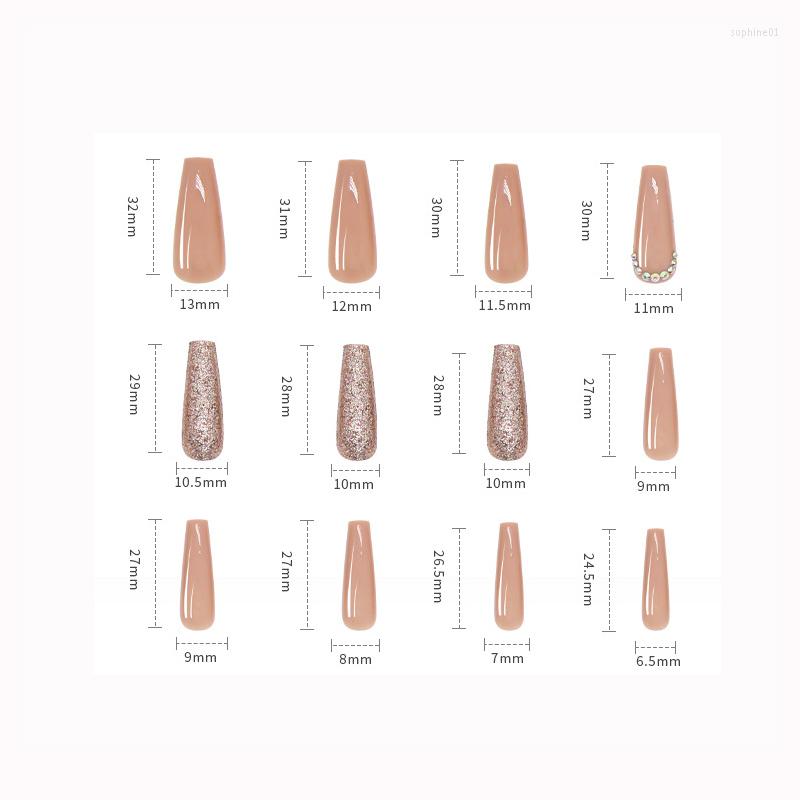 False Nails Nude Press On Rhinestone XL Length Coffin Fake Nail Tips Pre Designed Z160