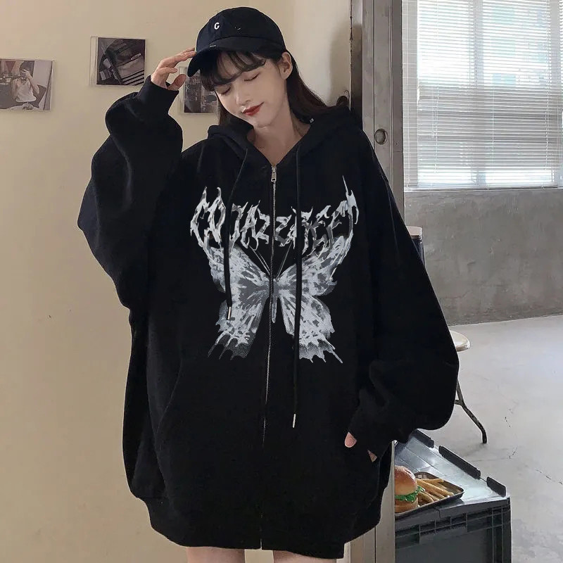 Women's Hoodies Sweatshirts Y2k Harajuku Hoodies Women Autumn Winter Hip Hop Zipper Butterfly Aesthetic Hooded Sweatshirt Female Goth Punk Jacket