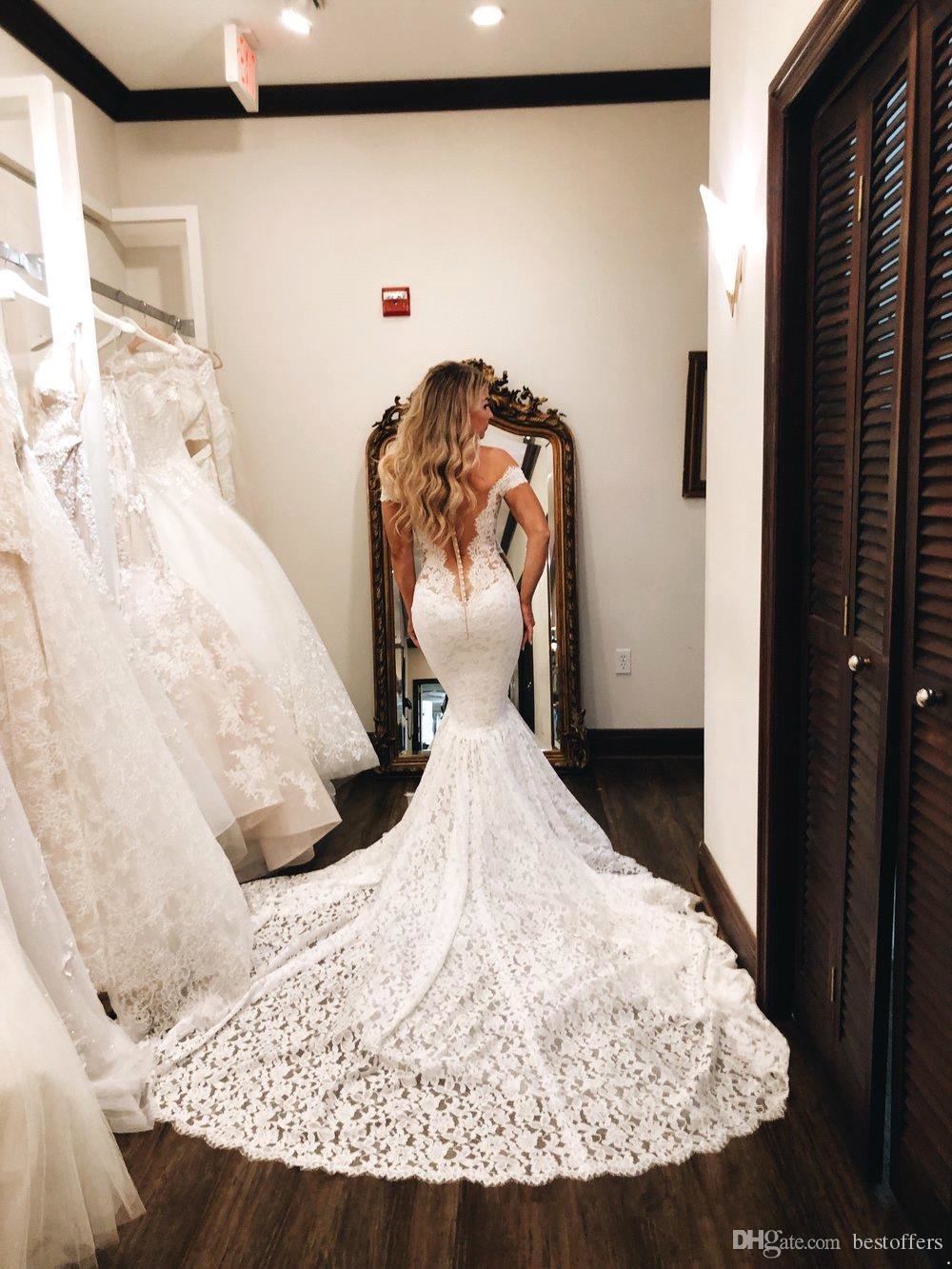 Sexy Full Lace Mermaid Dresses Sheer Backless With Buttons Off the Shoulder Long Train Bride Wedding Gowns