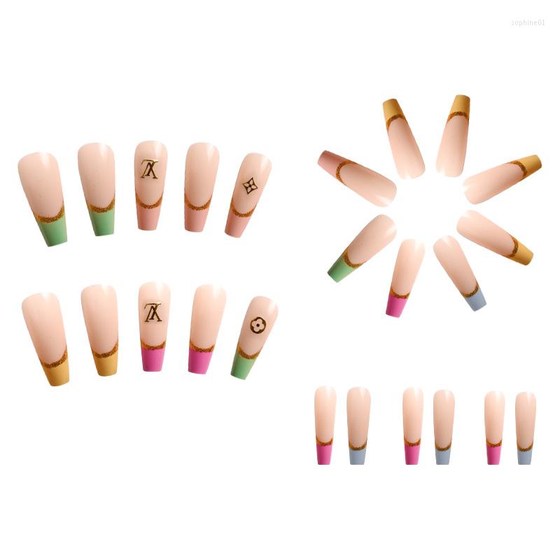 False Nails Nude Press On Rhinestone XL Length Coffin Fake Nail Tips Pre Designed Z160