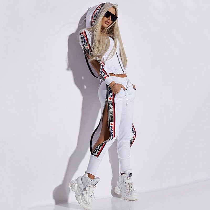 Women's Pants Capris Oshoplive Split-Side Hooded Jackets Pants Suits Casual Letter Print 2 Piece Set Women Zipper Gym Set Women Leisure Sportswea