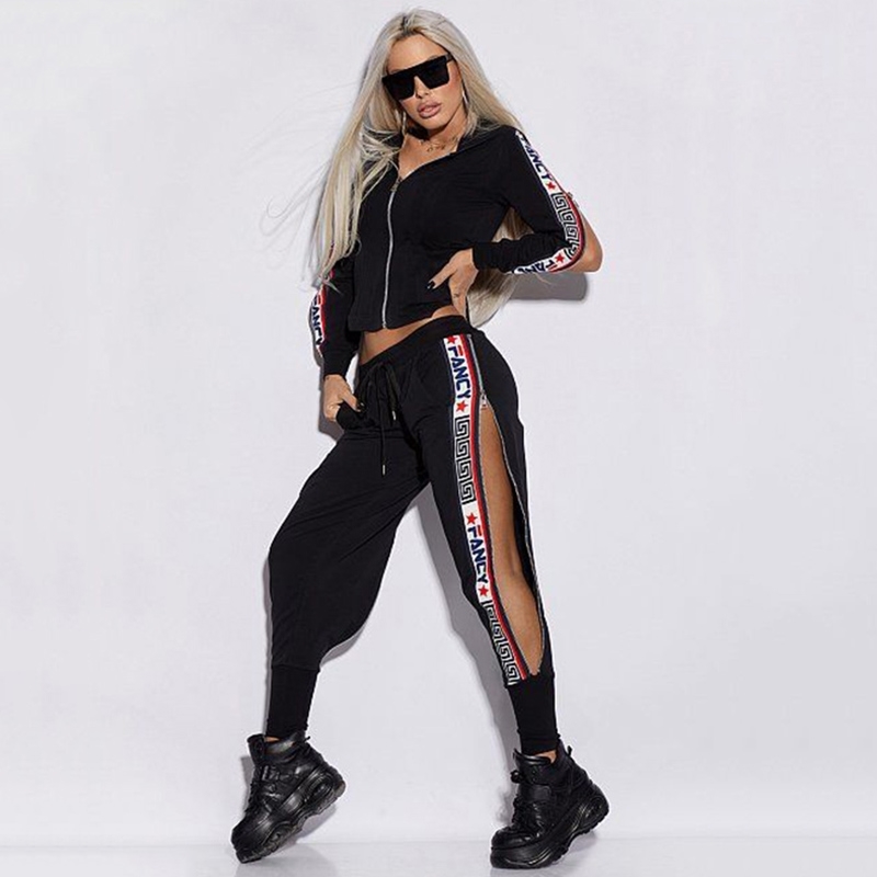 Women's Pants Capris Oshoplive Split-Side Hooded Jackets Pants Suits Casual Letter Print 2 Piece Set Women Zipper Gym Set Women Leisure Sportswea