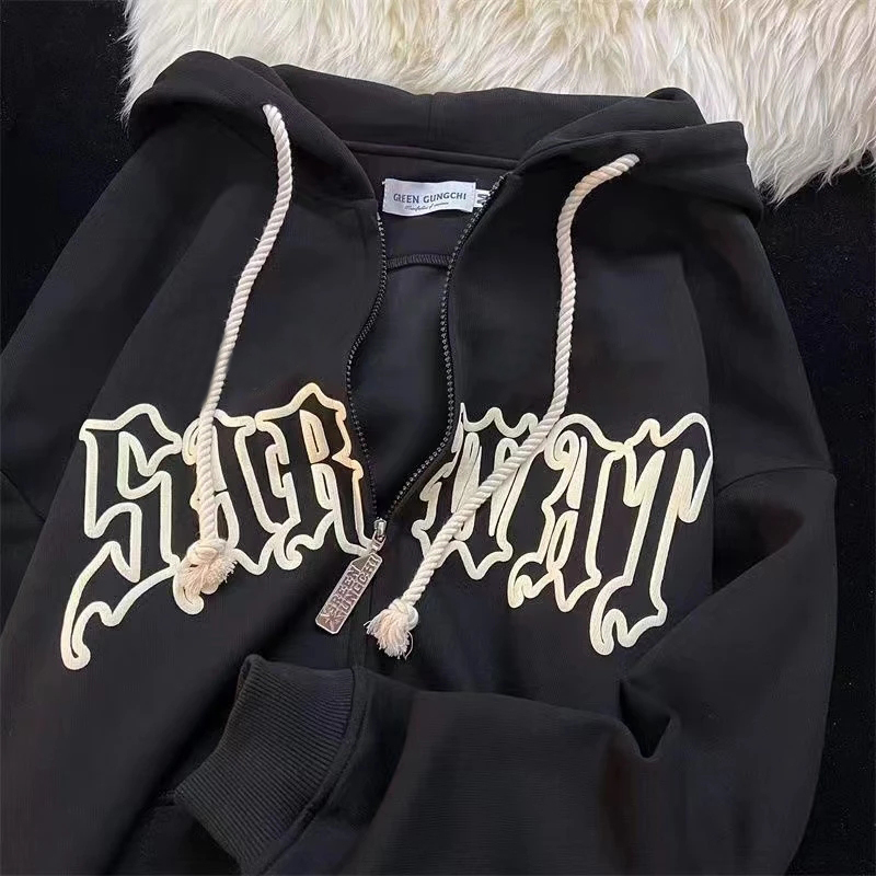 Women's Hoodies Sweatshirts Women Vintage Zip Up Hoodies Harajuku Casual Letter Print Long Sleeve Loose Hooded Sweatshirts Goth Streetwear Jacket