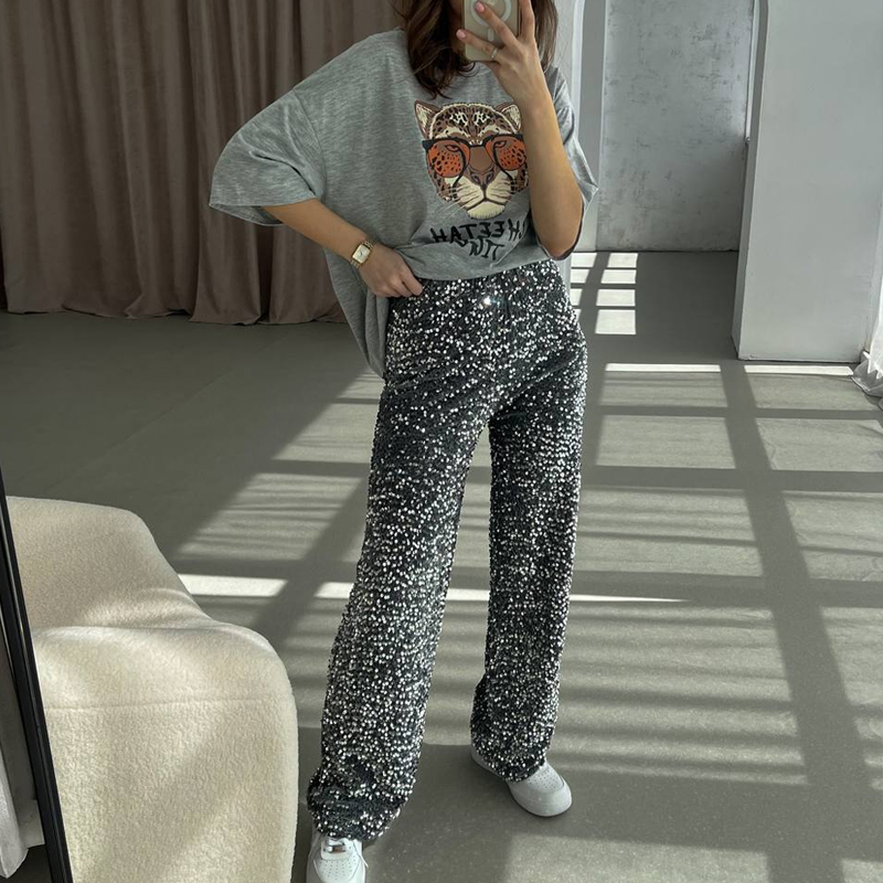 Women's Pants Capris High quality Women's Fashion Trendy Sparkling Gold Pants Relaxation of Tall Waist Wide-legged Pants Women's South 