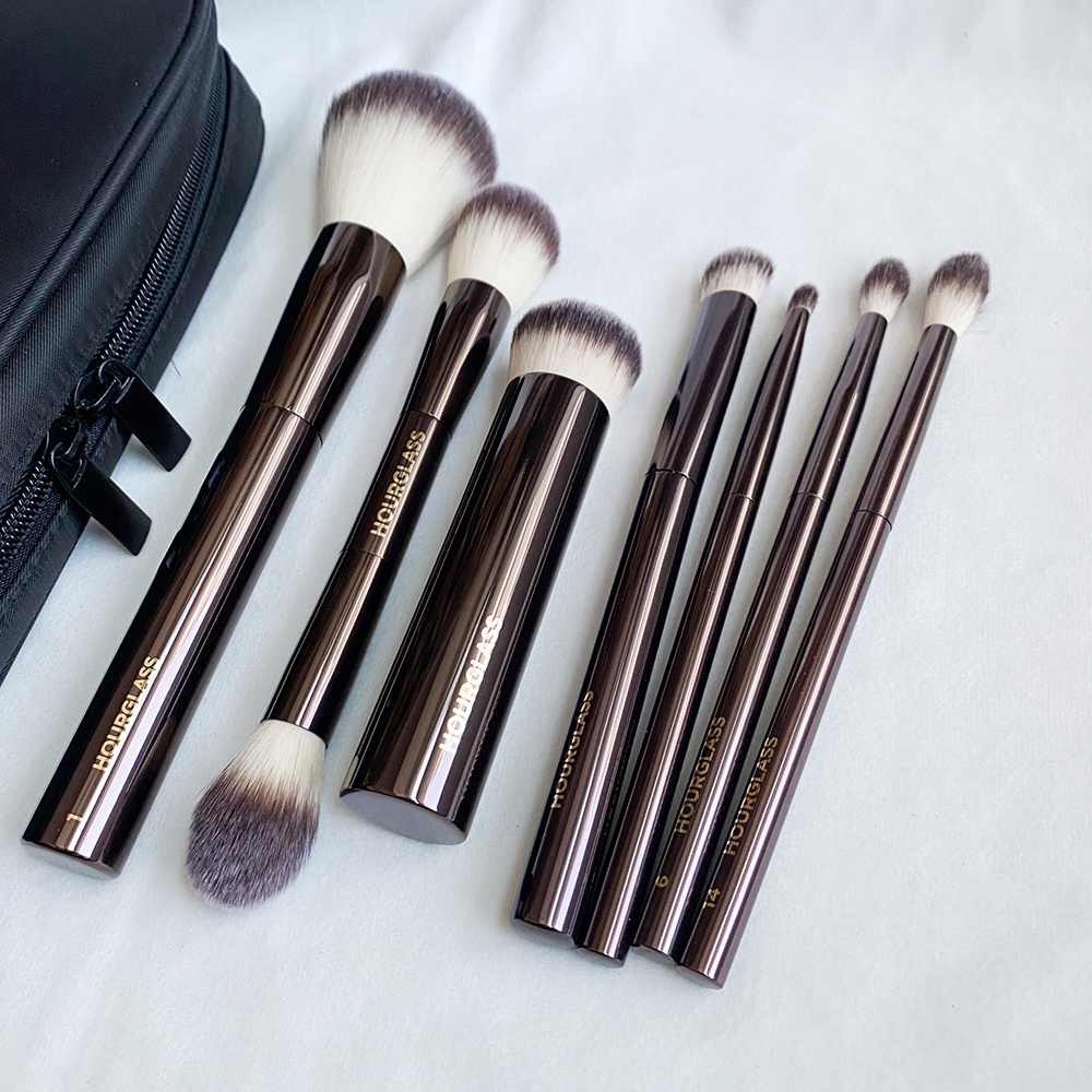 Hourglass Makeup Brushes Set 10Pcs Cosmetic Brush for Face Powder Blush Eye Shadow Crease Concealer Brow Liner Sdger Dark-Bronze Metal Handle Beauty T