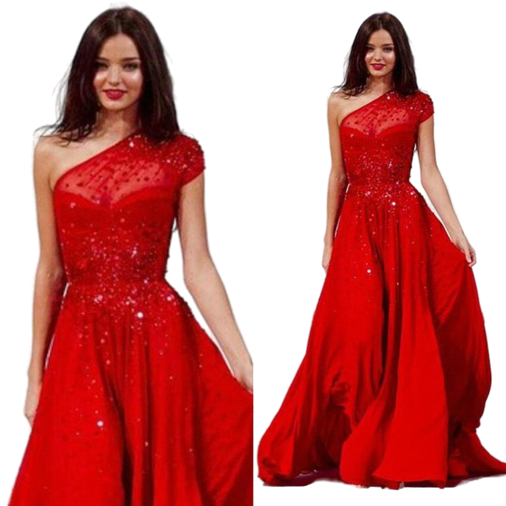 Arabic Red One Shoulder Prom Dresses Glitter Sequins Beaded A-Line Formal Evening Gowns Floor Length Special Occasion Wear 2022
