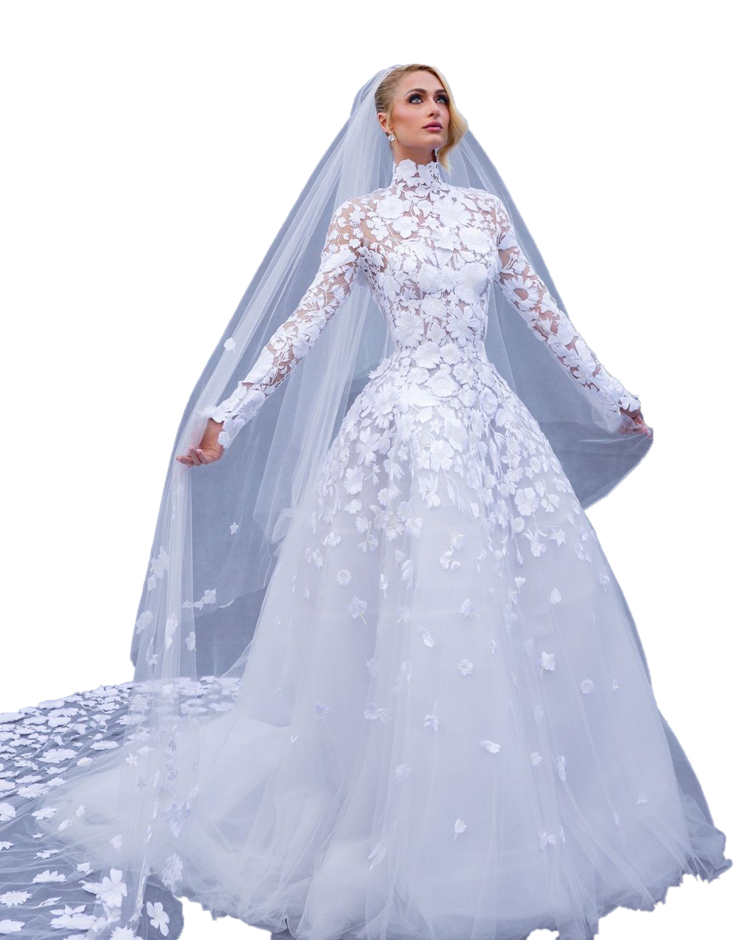 Uniquely Designed Wedding Dress 2023 with Free Veil A-Line High Neck Lace Bridal Gowns Long Sleeves Floral Embroidery Chapel Train Royal Garden Romantic Brides