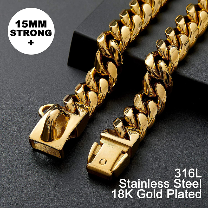 Gold Chain Collars 13mm/15mm/19mm 18K Golds Cuban Link Dog Chains Heavy Duty Pet Collar with Metal Buckle for Small Medium-Large Dogs 16in B152