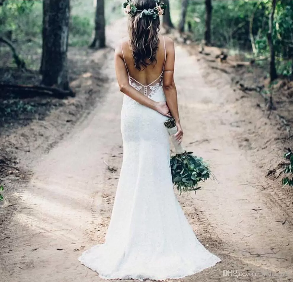 Lace 2023 Gorgeous Mermaid Wedding Dresses Bridal Gown Boho Country Backless Spaghetti Straps Beach Sweep Train Custom Made Vestidos De Novia Plus Siz