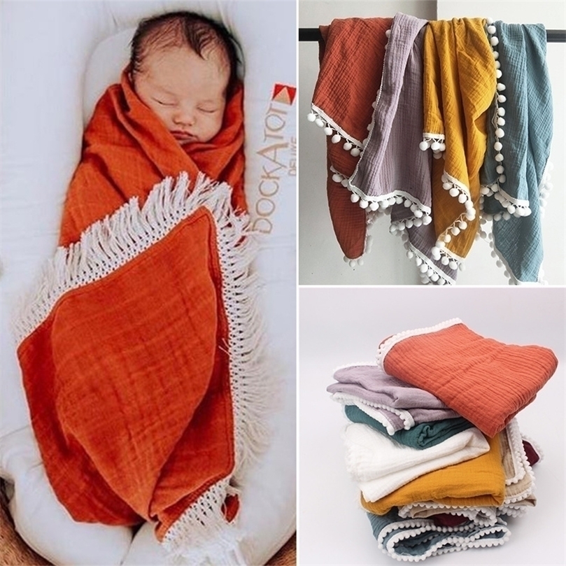 Organic Cotton Muslin Blanket Double Gauze Bath Towel Baby Tassel Blankets born Big Diaper Swaddle Wrap Feeding Po Props 220816