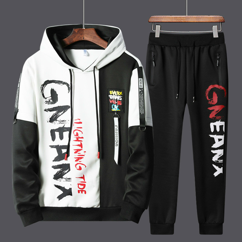 Men's Tracksuits Men 2 Piecs Sweat Suits Mens Patchwork Printing Sweatshirts Sweatpants Sets Student Husband Sports Clothing 220919