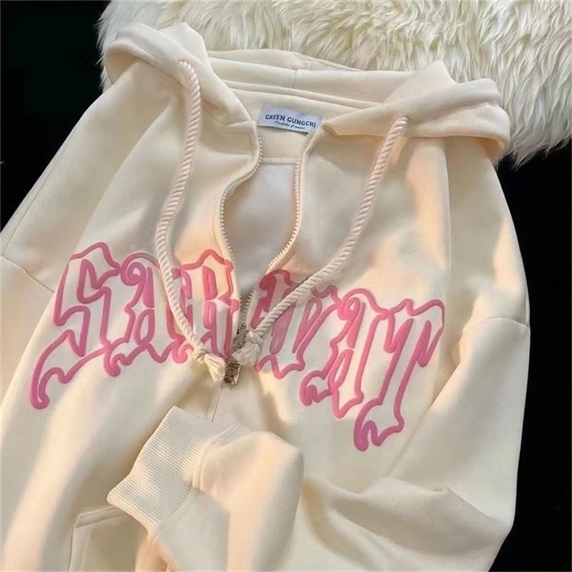 Women's Hoodies Sweatshirts Women Vintage Zip Up Hoodies Harajuku Casual Letter Print Long Sleeve Loose Hooded Sweatshirts Goth Streetwear Jacket