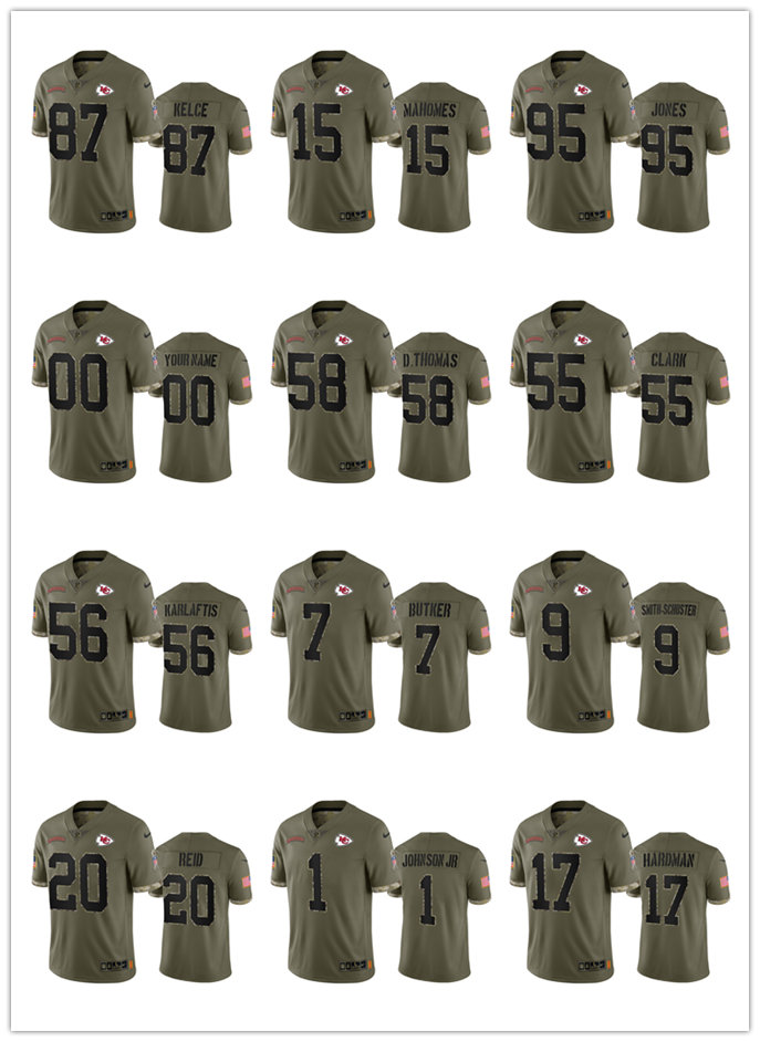 Jersey Football Kansas''City''Chiefs''MEN Travis Kelce Darron Lee Patrick Mahomes II Skyy Moore Trent McDuffie 2022 Salute To Service