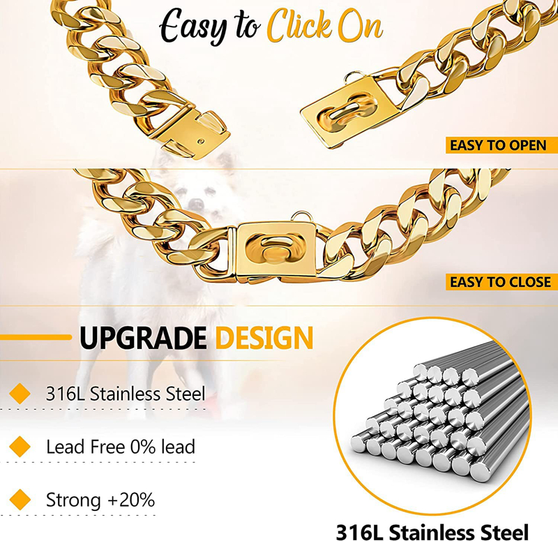 Gold Chain Collars 13mm/15mm/19mm 18K Golds Cuban Link Dog Chains Heavy Duty Pet Collar with Metal Buckle for Small Medium-Large Dogs 16in B152
