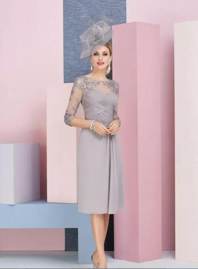 Grey Knee Length Chiffon Mother Of The Bride Dresses With Cape Lace Appliqued Formal Mother Arabic Evening Gowns Prom Dress
