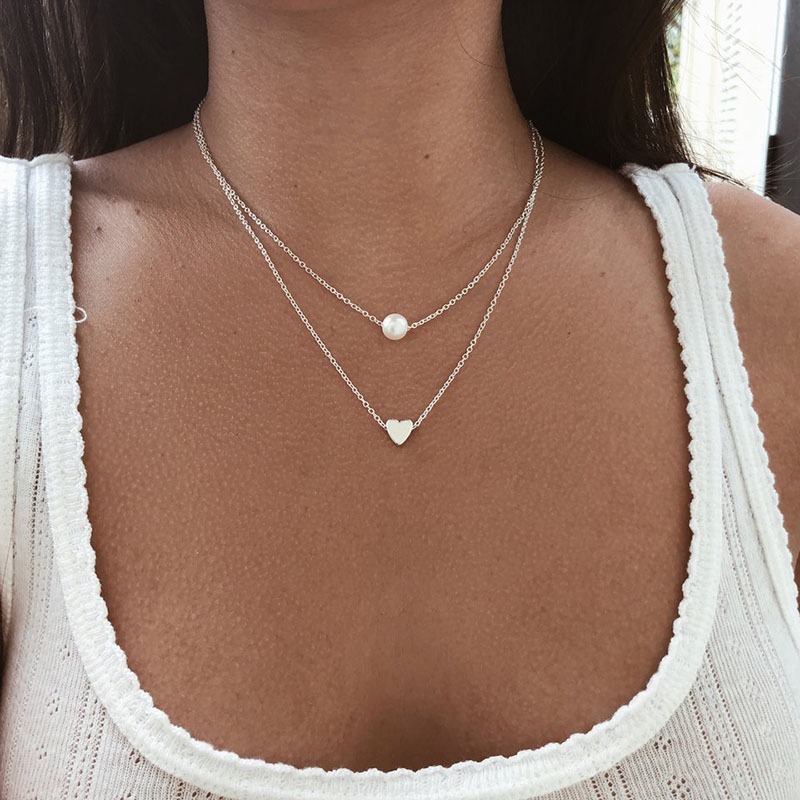 Simple Fashion Love Heart Pearl Necklace Multi Layer Gold Silver Women'S Chokers Chain Lady Wedding Jewelry Wholesale Price