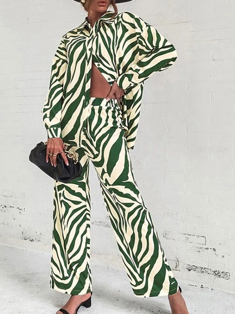 Women's Two Piece Pants Women Stripe Loose Shirt Pants Two Piece Set Elegant Long Sleeve Blouses Matching Wide Trousers Suit Summer Trouser Suits