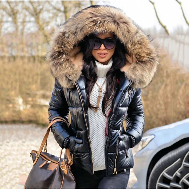 Women's Down Parkas Winter Black Woman Jacket Fur Hooded Long Sleeve Thick Coats Female Zipper Casual Solid Color Warm Jackets Parkas Clothes 220