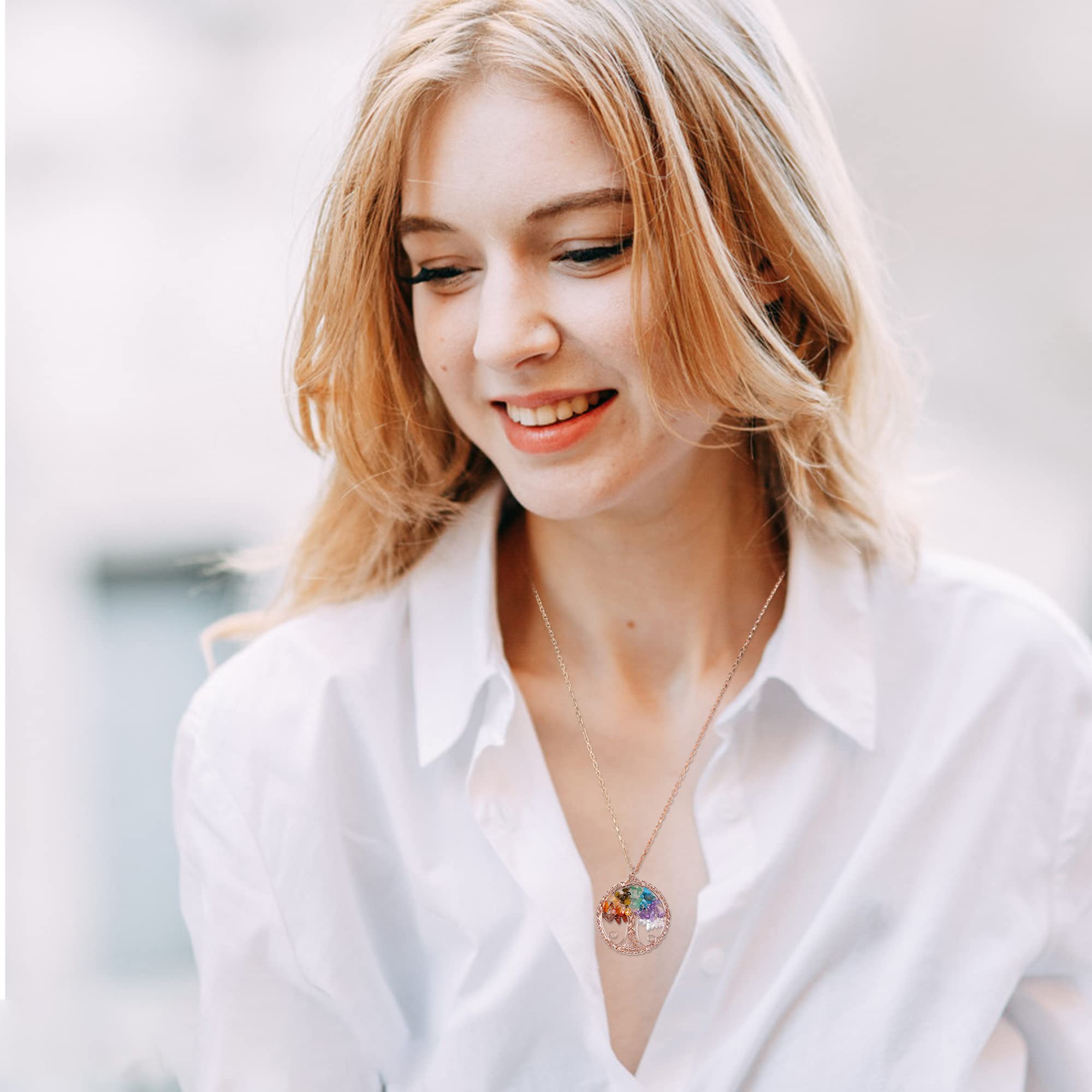 Pendant Necklaces 7 Chakra Healing Crystal Necklace Tree Of Life Wire Wrapped Reiki Stone Gemstone Quartz Jewelry For Wo Dhseller2010 Amz1W