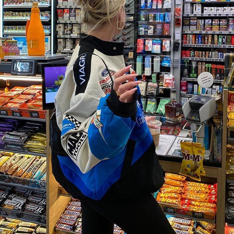 Womens Jackets Women Bomber Jackets Indy Race Jacket Sticker Print Unisex Baseball Uniform Women Streetwears Retro Coat Y2K Oversized Hip Hop 220919