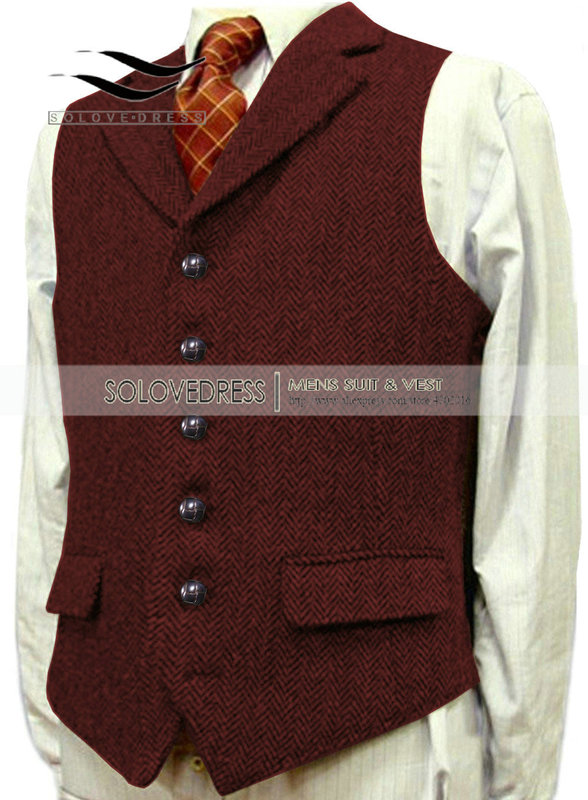 Men's Suits Blazers Men's Wool Tweed Slim Fit Leisure Cotton Burgundy Vest Gentleman Herringbone Business Brown Waistcoat Blazer For Wedding