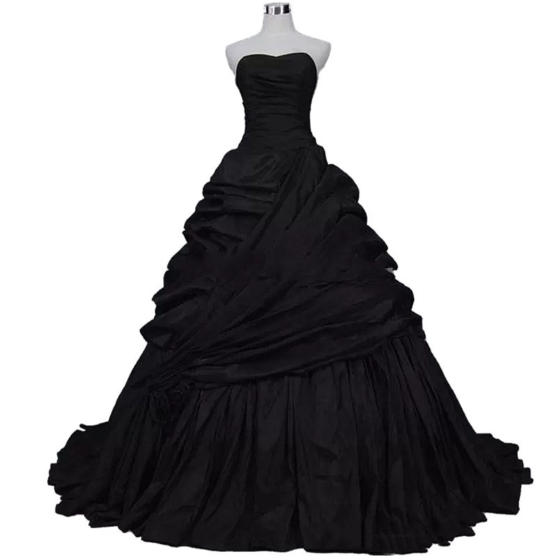 Gothic Black A-Line Wedding Dresses Bridal Gowns 2022 Ruched Skirt Vintage Strapless Victorian Bride Dress Back Lace-Up Plus Size Long Vestido De Novi