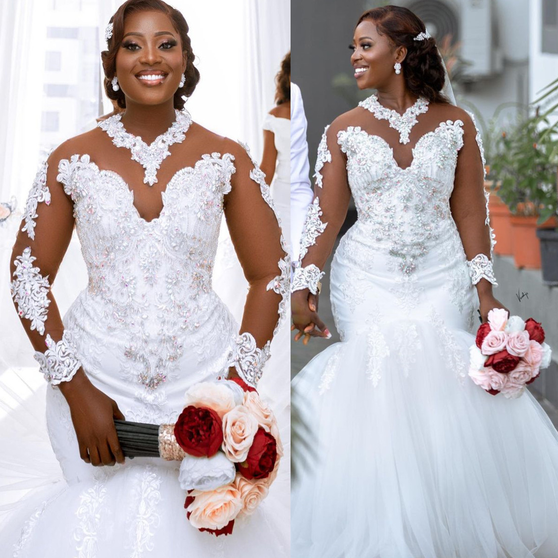 2024 Arabic Aso Ebi Lace Mermaid Wedding Dresses Crystals Sheer Neck Vintage Sexy Bridal Gowns Dress ZJ607