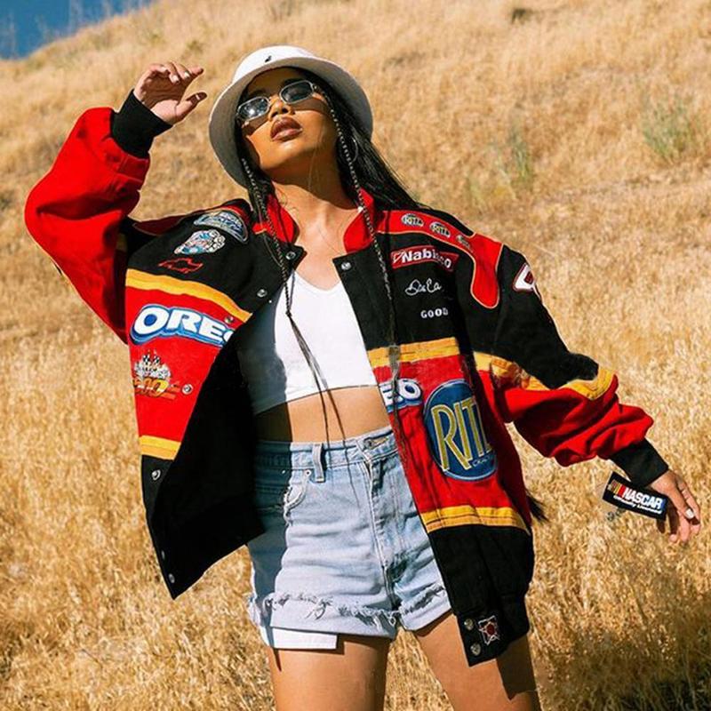 Womens Jackets Women Bomber Jackets Indy Race Jacket Sticker Print Unisex Baseball Uniform Women Streetwears Retro Coat Y2K Oversized Hip Hop 220919