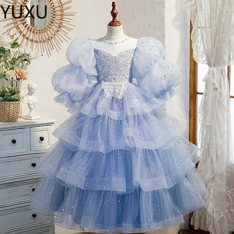 blue Lace Flower Girl Dress Bows Children's First holy Communion Dress Princess Formal Tulle Ball Gown Wedding Party 2-14 years
